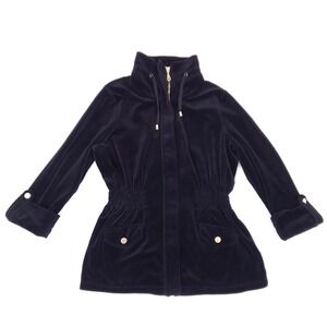 Charter Club Velour Jacket M Cinched Waist Black Gold Zip Up Utility Mock Neck